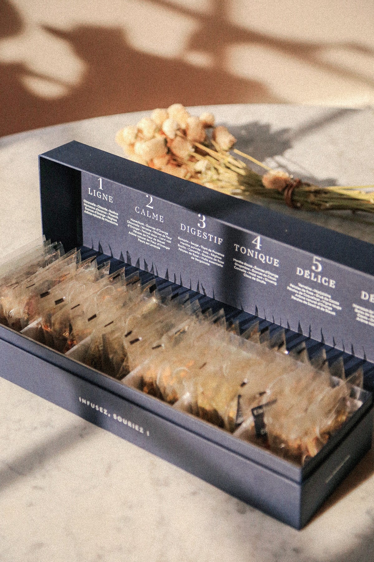 Open Infusions Tea Collection box showing the 6 signature natural herbal infusions of Parisian brand L’infuseur.